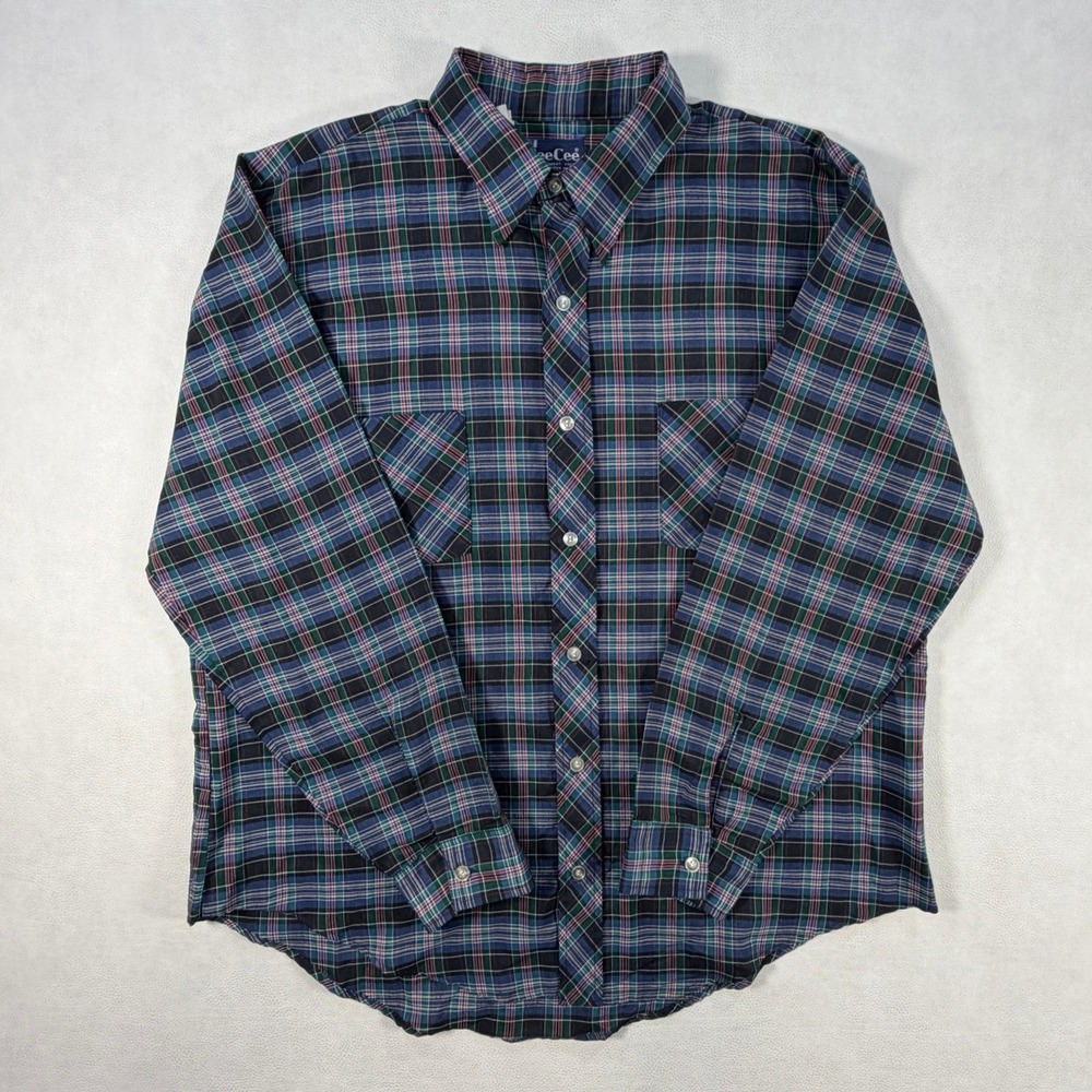 Vintage DeeCee Plaid Button Down Shirt Mens XL Blue Green USA Made